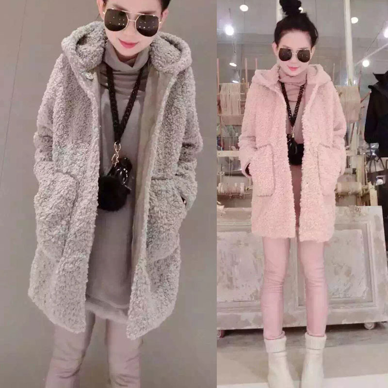 梦婕妤 欧洲站2015冬装新款修身显瘦中长款毛呢大衣羊羔毛保暖外套女装潮 粉红色 XL