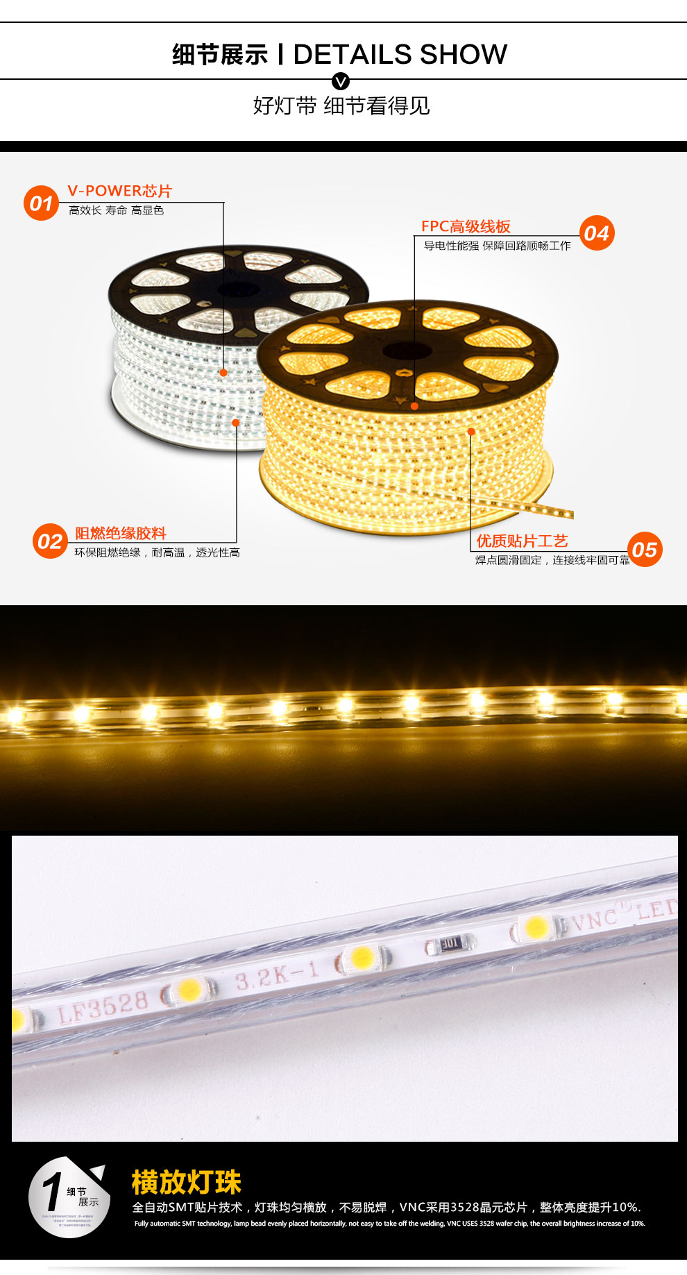 
                                                                                V-POWER LED灯带贴片超高亮SMD3528背景灯支架220V暗槽灯软线国标灯条 暖白光                