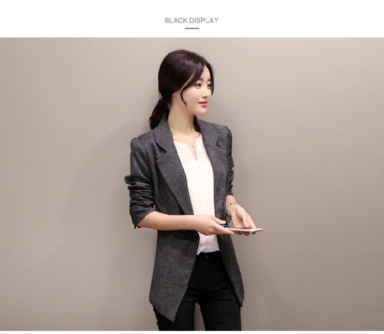 HI!JANE2016春秋季新款女士小西装长袖韩版外套秋装修身职业女装棉麻小西服女 黑色 XXL