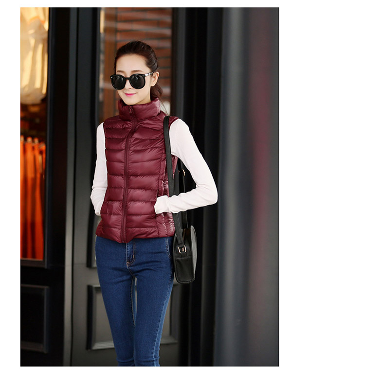乔媞2015新款无袖羽绒服女轻薄马甲立领简约 修身显瘦背心时尚百搭加大码外套 酒红色 XL