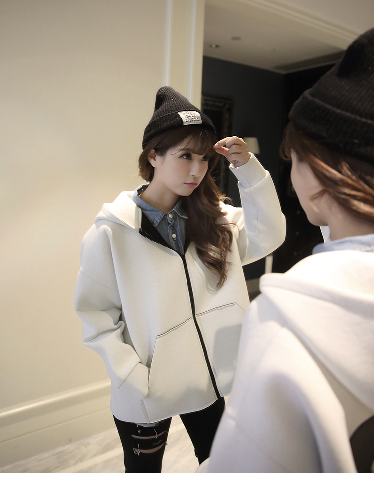涩依2015秋冬新款女装冬上新宽松连帽棒球服学生宽松短外套6056 米白色 M