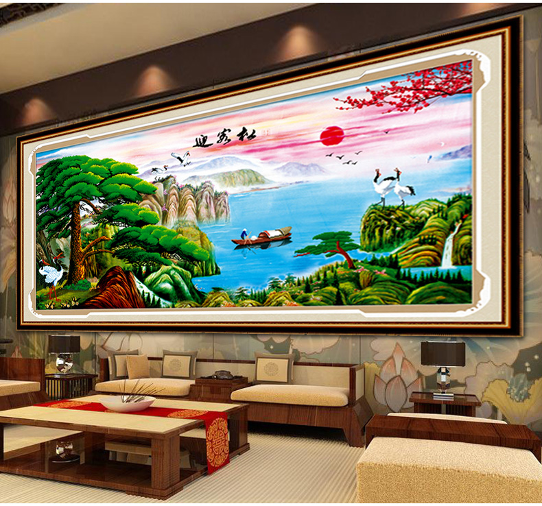 
                                        欧伦皇室粘钻十字绣钻石秀水晶钻石画迎客松钻石绣贴钻画新款大幅客厅风景系列大画餐厅点钻绣钻 Z236迎客松 鹤寿延年 尺寸长约159cm宽约84cm                