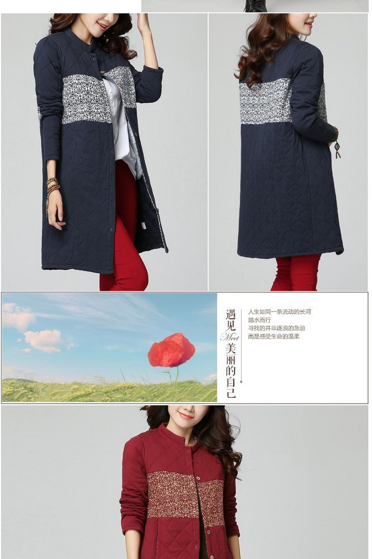 女人镜 2015冬装新款夹棉中长款大码棉衣宽松休闲风衣#N3062 藏青色 L