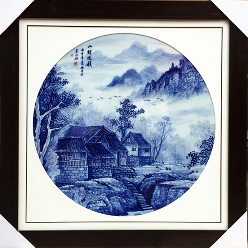 爵仕臻品景德镇陶瓷器手绘瓷板画青花山水装饰墙壁挂画家居玄关背景有