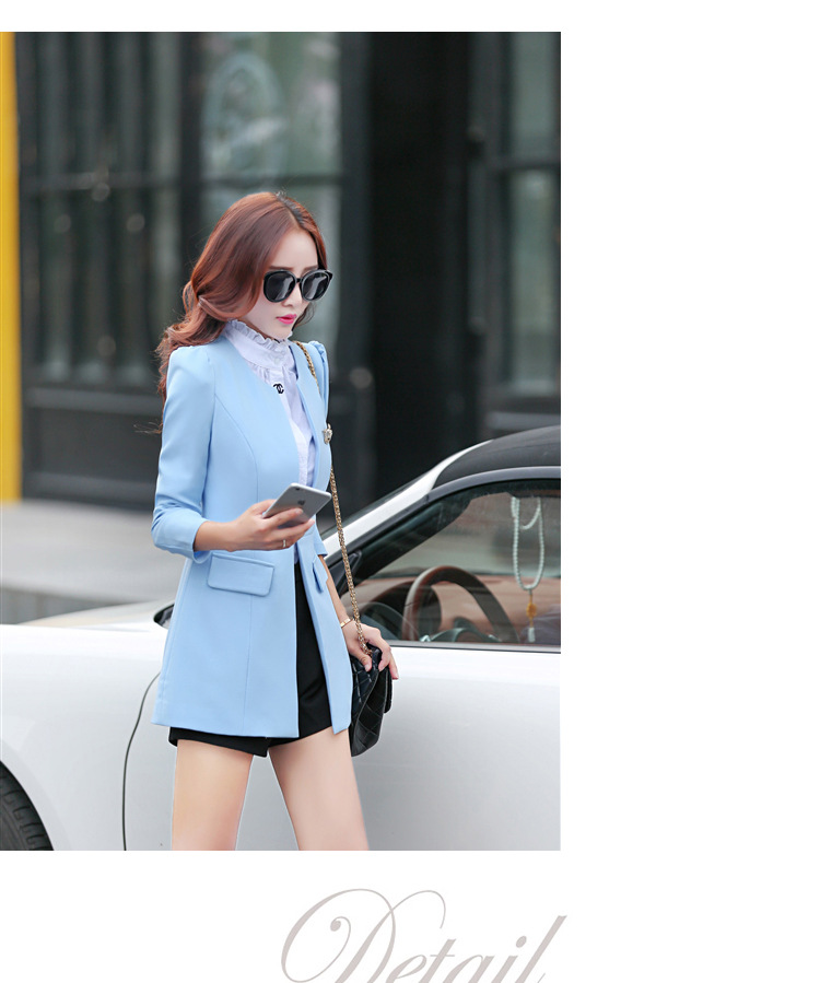 欧若珂    2015秋装新款女装修身百搭小西装韩版中长款小西服外套S2516 蓝色 XL