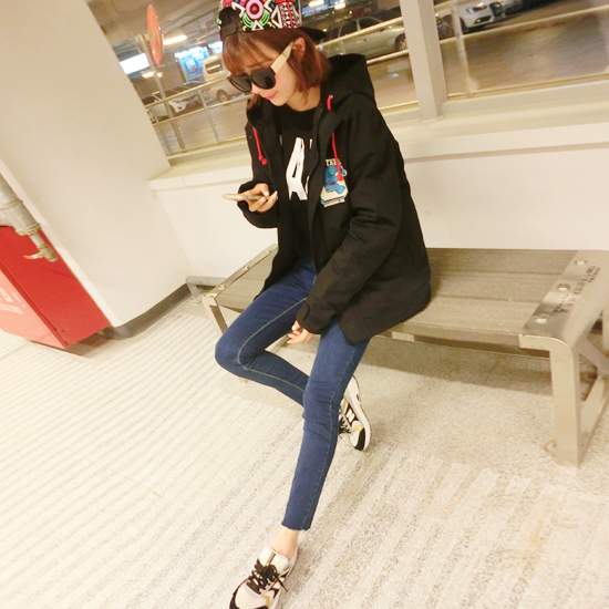 韩版怪兽大学宽松加厚棉服女中长款连帽冲锋棉衣外套冬学生FZ459 黑色 S