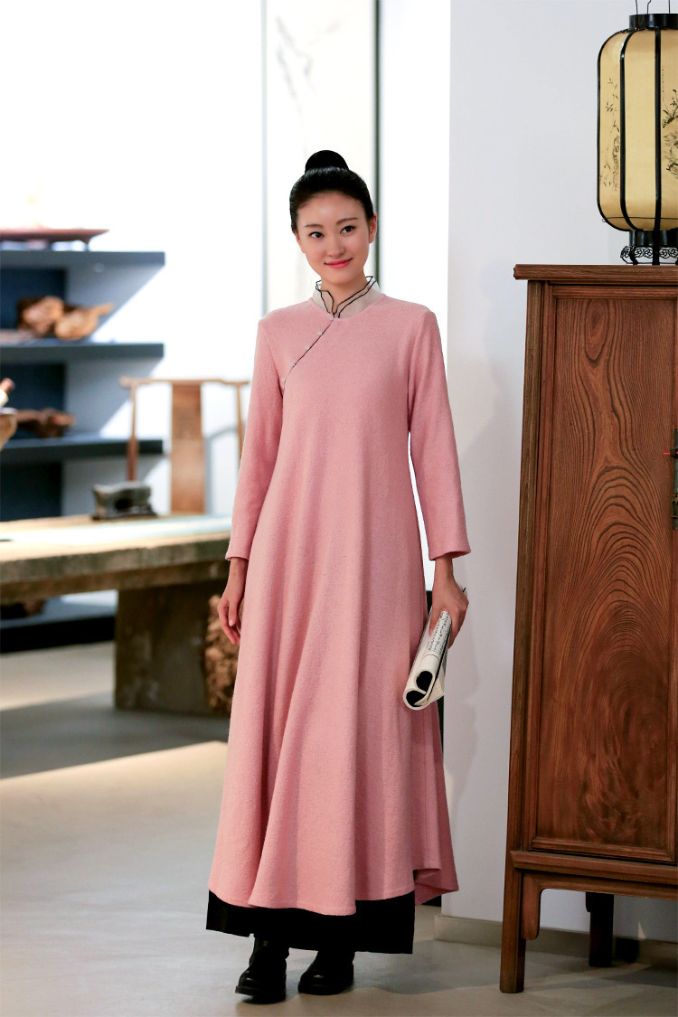 佛笑缘秋冬经典毛呢中式茶服女禅意连衣裙女宽松唐装盘扣加厚禅服