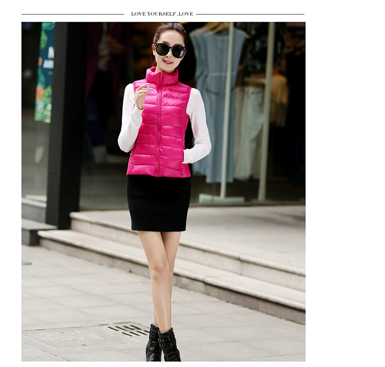 乔媞2015新款无袖羽绒服女轻薄马甲立领简约 修身显瘦背心时尚百搭加大码外套 酒红色 XL
