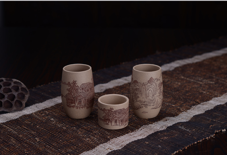 弘盛窑 全手工紫砂 茶杯 品茗杯 主人杯 功夫茶杯 手刻限量个人杯 青灰泥紫砂小杯 青灰泥莲蓬小号