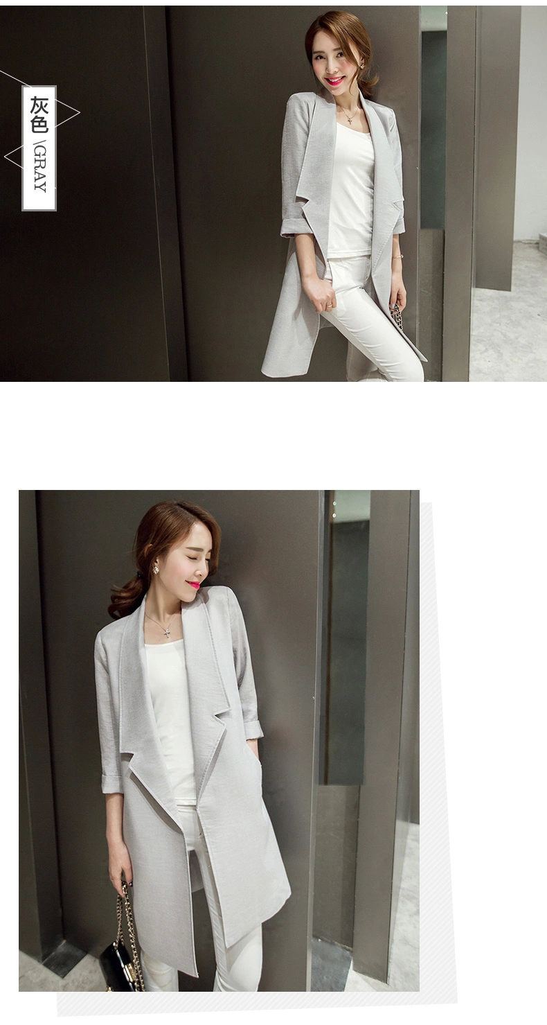 靓昕阁 2015秋季新品 韩版修身七分袖中长款休闲西服棉麻薄外套 9223 白色 L