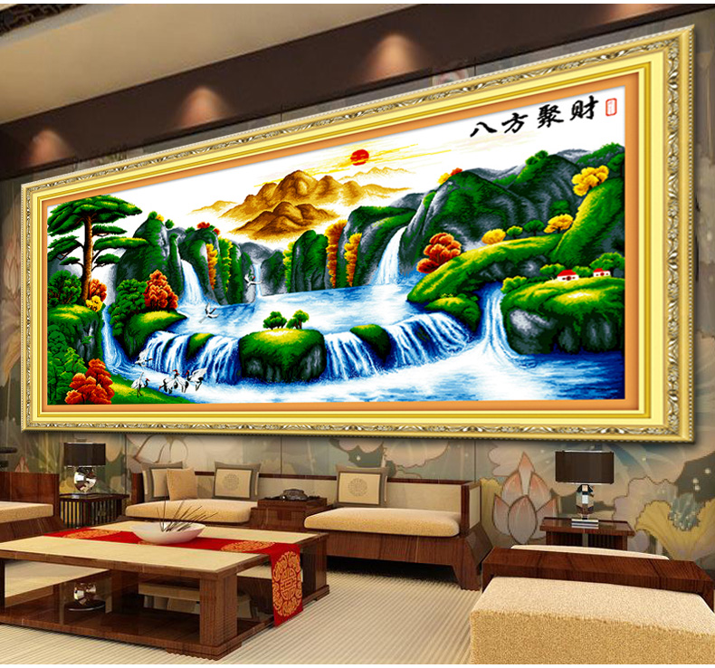 蒙娜丽莎新款十字绣100精准印花客厅大画迎客松大幅山水画风景画 YF284大版208*98CM 长2.08米*宽0.98米