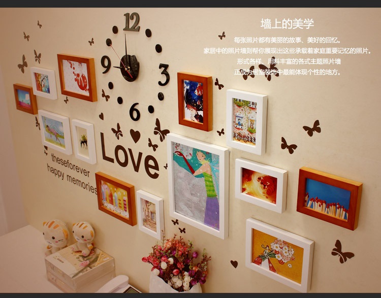吉朵芸 钟表款精品简约直板实木创意照片墙相框墙13框大尺寸客厅电视背景墙照片墙 黄白---玫瑰画心