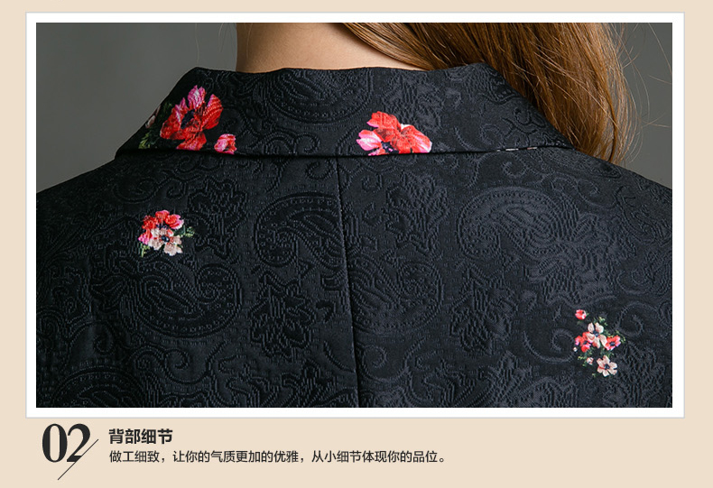 唐朝2015秋冬新款民族时尚碎花单排扣中长款风衣外套女装TQY42026 黑底木茉莉 L