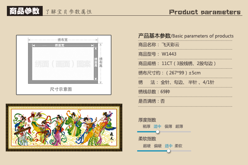 A KS十字绣敦煌飞天七仙女十字绣新款客厅大画飞天供养系列人物100精准印花满绣 W1443精准印花