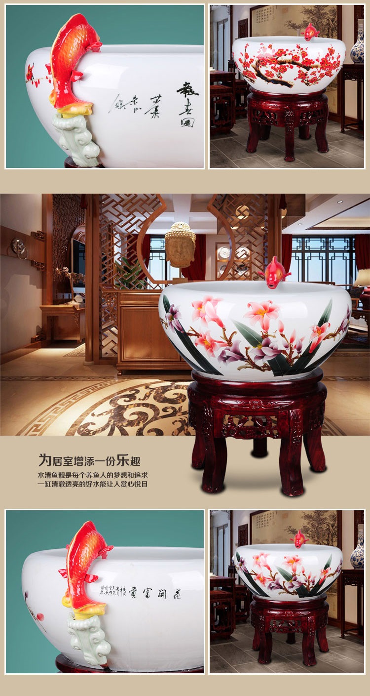 
                                        文燕厂家直销 大堂客厅装饰落地缸景德镇陶瓷金鱼缸喷泉循环过滤加氧缸风水缸荷花空调加湿器 粉彩.牡丹.直径67厘米                