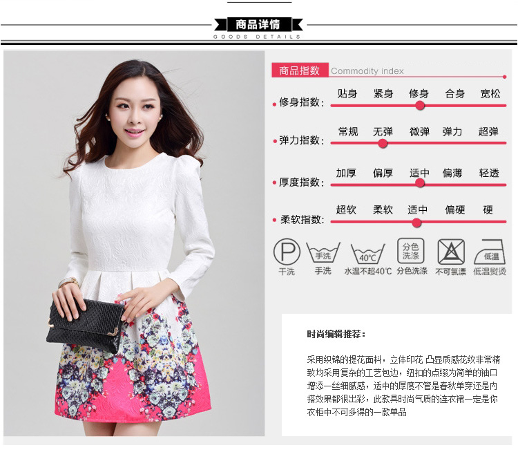 木子小虫 连衣裙2015新款秋冬女装时尚修身长袖简约印花中裙 红花草  M