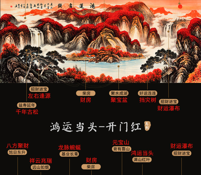 联辉(lianhui) 壁画客厅装饰画山水画国画鸿运当头风水靠山招财办公室