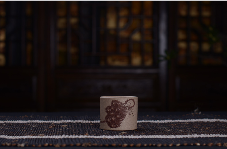 弘盛窑 全手工紫砂 茶杯 品茗杯 主人杯 功夫茶杯 手刻限量个人杯 青灰泥紫砂小杯 青灰泥莲蓬小号