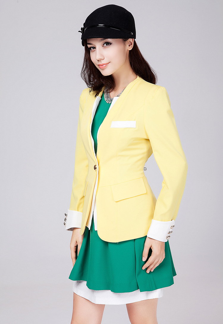 爱堤儿     2015秋装新款韩版西服修身双层领小西装女短外套KK 黄色 S