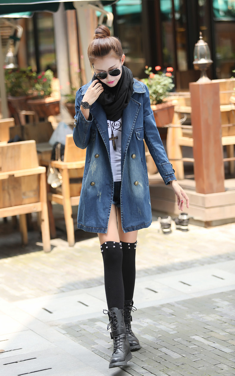 2015秋女装新款牛仔外套休闲双排扣牛仔中长风衣外套女 牛仔兰 XL