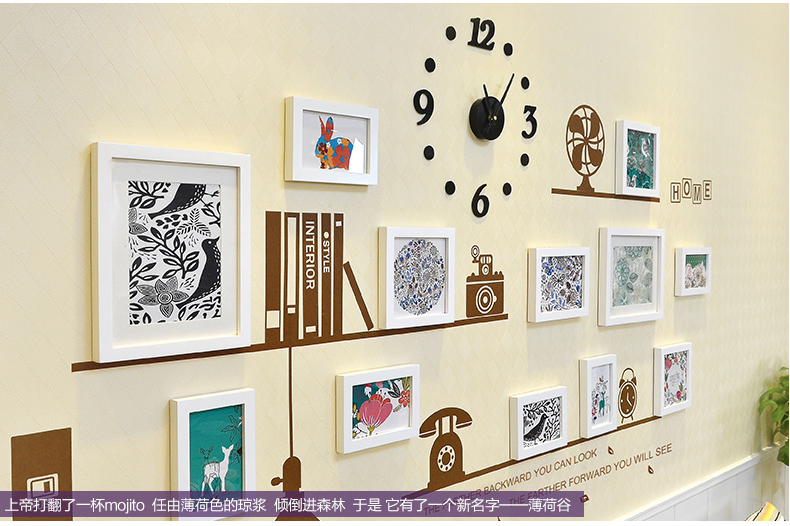 梦雅莉 实木照片墙组合 墙贴相片墙 相框墙创意 客厅相片框 HD-1668 黑白原胡送萌动画芯