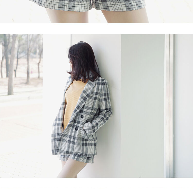 靓莎绮2015秋冬韩版个性长袖宽松直筒格子西服套装+外套两件套Y3614 深灰色 L