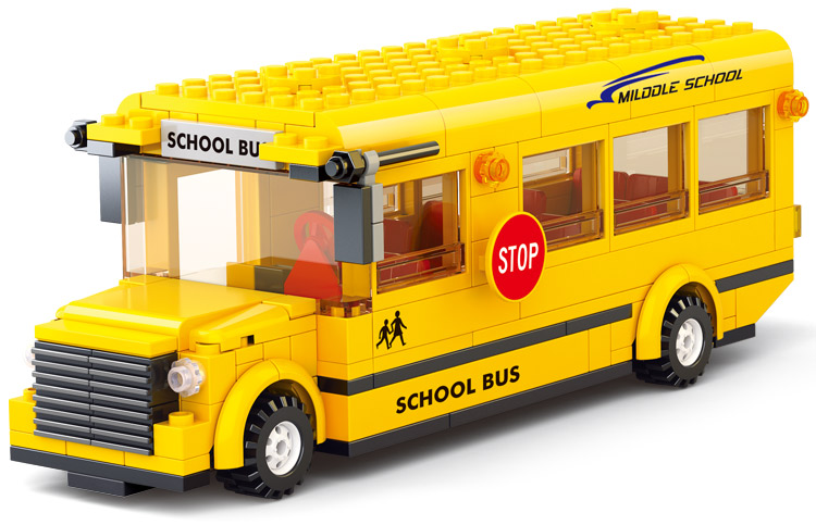 小鲁班校车校园巴士电车公共汽车公交车乐高积木玩具 交通电动巴士