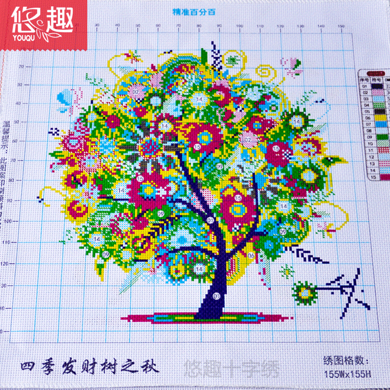 
                                        悠趣 四季发财树 春夏秋冬 四联画 精准印花十字绣 5D钻石画贴钻 客厅装饰画 餐厅挂画 (钻石画圆钻款 - 炫彩秋)48*48cm                