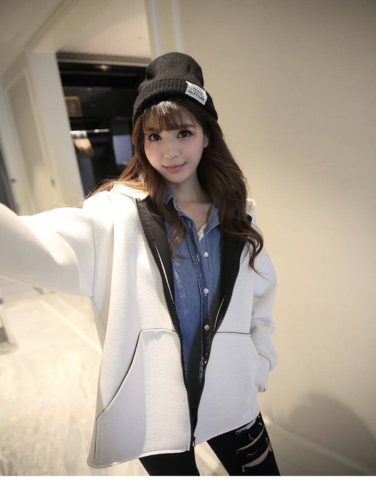 涩依2015秋冬新款女装冬上新宽松连帽棒球服学生宽松短外套6056 米白色 M