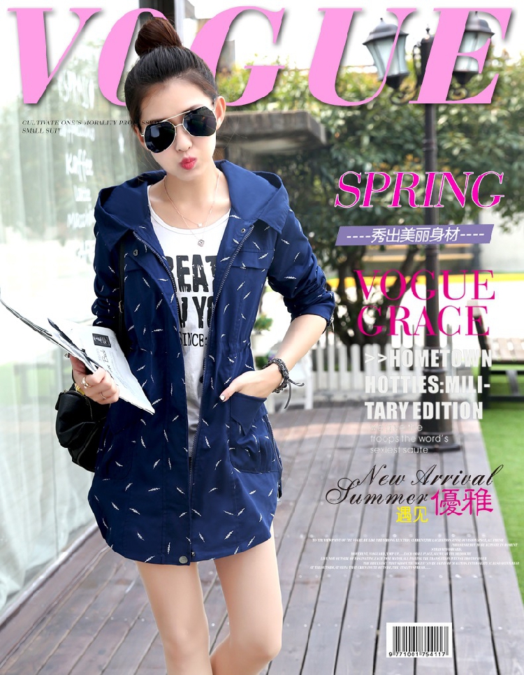 女人镜 2015新款修身女式风衣外套春秋韩版气质连帽中长款#N530 藏青色 XL
