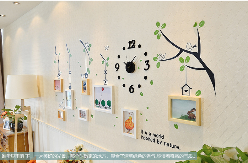
                                        梓晨 实木照片墙 清新小鸟墙贴钟表相框组合 相框墙相片墙HD-0143 白绿几米抽象组合                