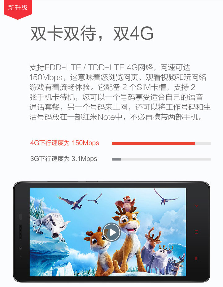 小米 红米note  手机 移动标准版(1G RAM+8G ROM)