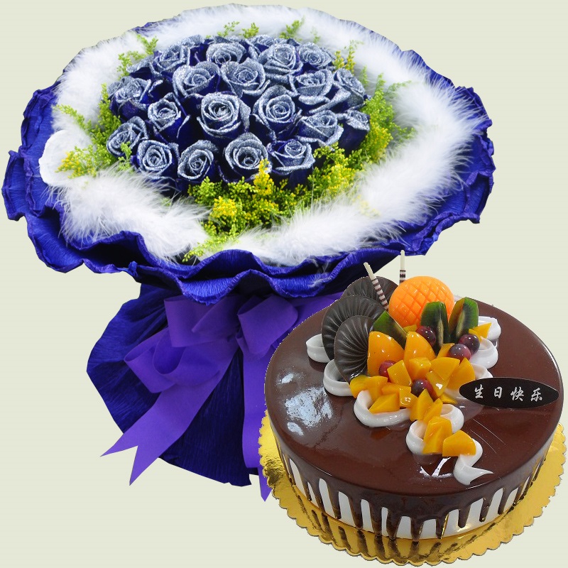 吴川高州化州高要四会21朵蓝玫瑰鲜花蛋糕套餐生日送恋人生日礼物套餐