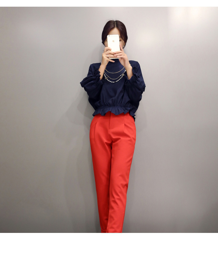 澜黛芬2015秋装新款蝙蝠袖上衣女休闲长裤两件套8203 上白下黑 L