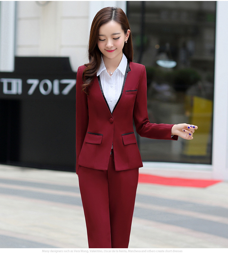 丹杰仕职业装女装长袖秋冬正装两件套长裤西装工作服商务休闲西服套装 枣红 S