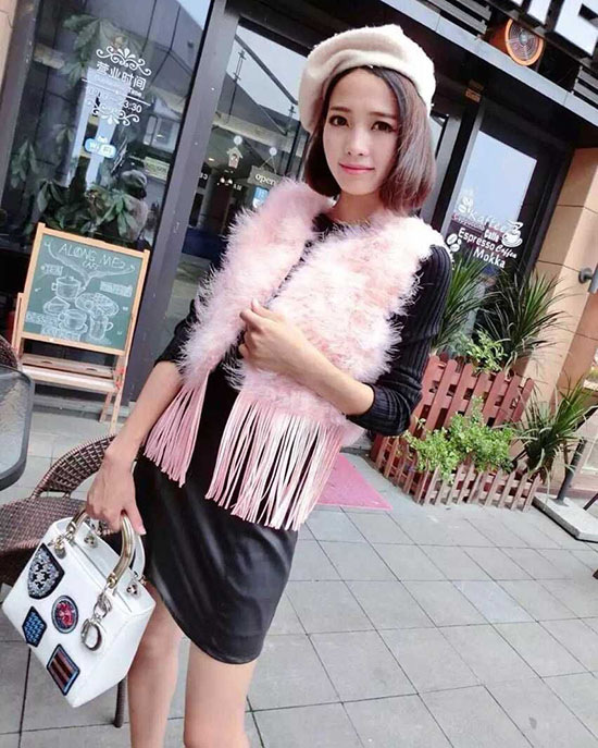 蜜诺依  2015新款仿毛流苏马甲仿皮草毛马夹背心毛毛短款外套女上衣Q1398 粉红色 均码