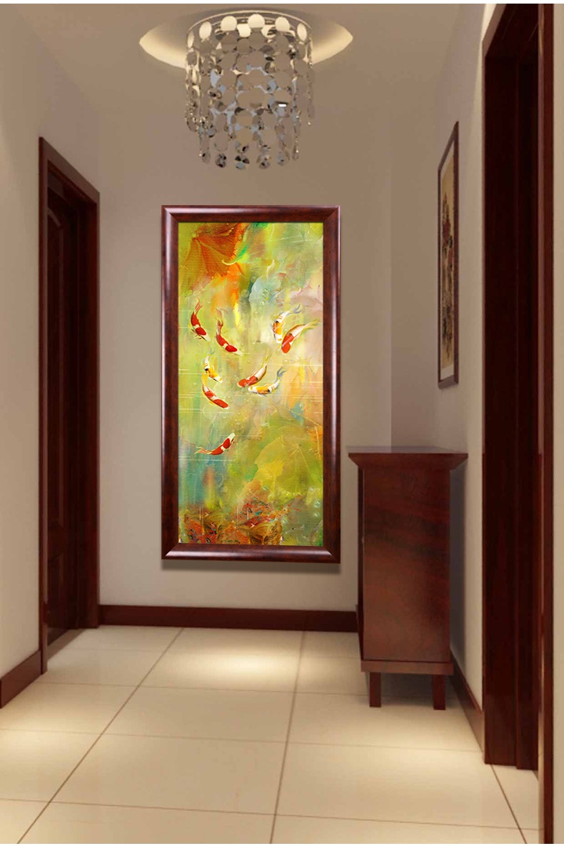 
                                        纵海艺术 办公室挂画 风水中式竖版装饰画 客厅走廊过道墙画壁画 现代简约玄关画 九鱼图油画 PS香槟银框 80*160                