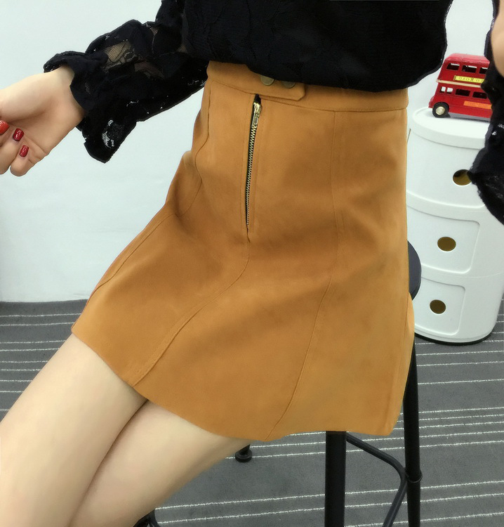 欧若珂   2015两粒扣单拉链高腰A字半身裙+蕾丝打底衫套装Q1002 黑色灰色 M