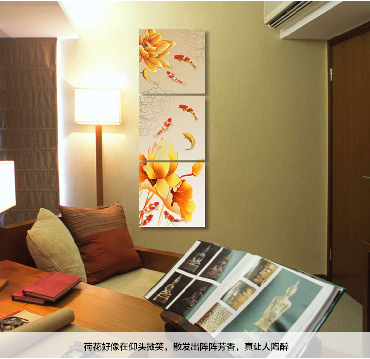 孖堡家居油画 客厅现代装饰画挂画壁画 荷花九鱼图竖版装饰画 无框画三联画一整套三件套 70cm*70cm*3副