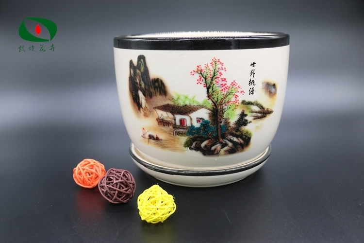 沃绣陶瓷花盆国画风景画白瓷花盆花瓶含托盘桌面盆栽花盆国色天香一套