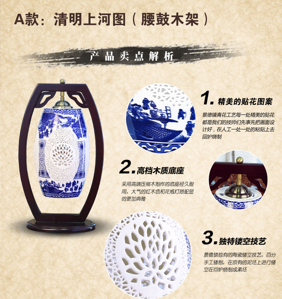 
                                        唐英陶瓷台灯景德镇青花古典 客厅卧室书房中式灯具送LED光源 清明上河图 A款  腰鼓木架清明上河图                