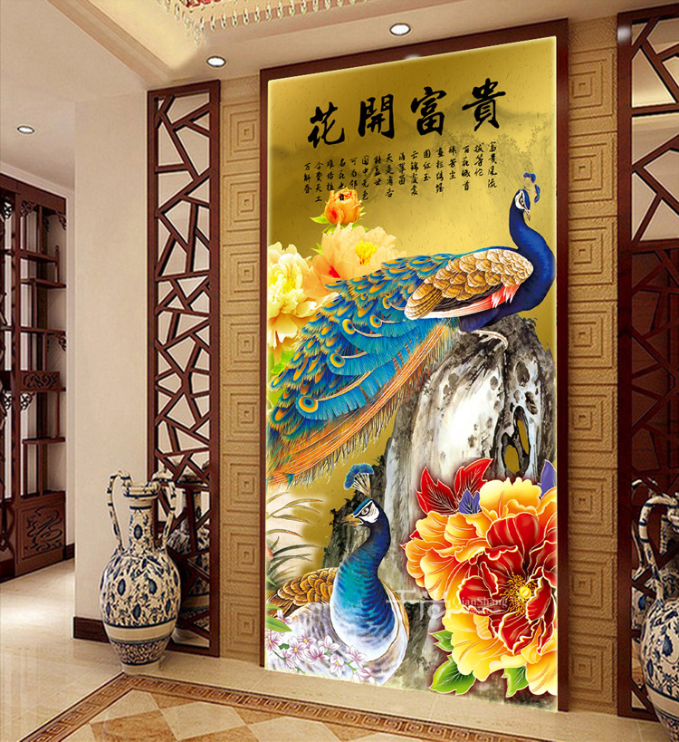 
                                        千尚十字绣新款客厅竖版钻石绣满钻钻石画花开富贵孔雀牡丹图 方钻满钻68*123CM                