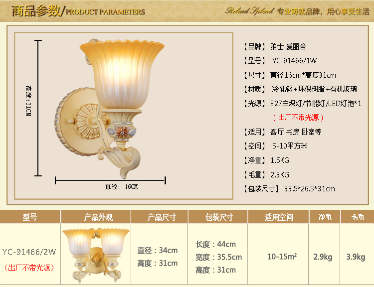 雅士爱丽舍 欧式壁灯 客厅卧室餐厅书房 彩描手绘田园浪漫风铁艺树脂灯 YC-91466 2头-壁灯