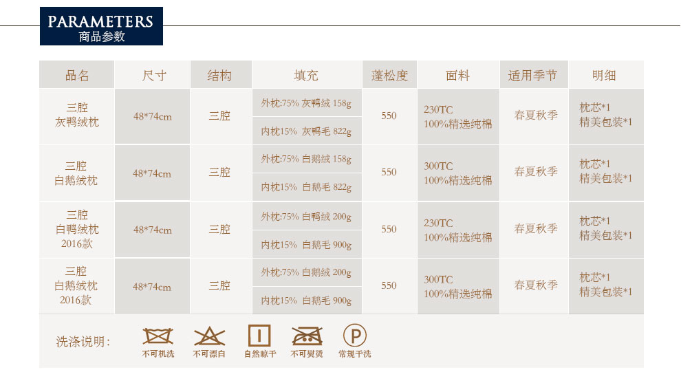 美国派赛菲特 羽绒枕头 三腔羽绒枕芯 希尔顿酒店升级款 鸭绒枕 鹅绒枕 美国设计专利 白鸭绒2016款 48cm*74cm单只
