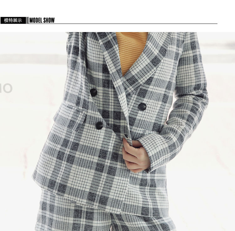 靓莎绮2015秋冬韩版个性长袖宽松直筒格子西服套装+外套两件套Y3614 深灰色 L