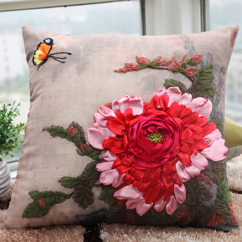 
                                                            悠趣 手工绣丝带绣套件 家居装饰 牡丹花卉系列 方形抱枕 45*45cm 蝶舞迷香 粉色                