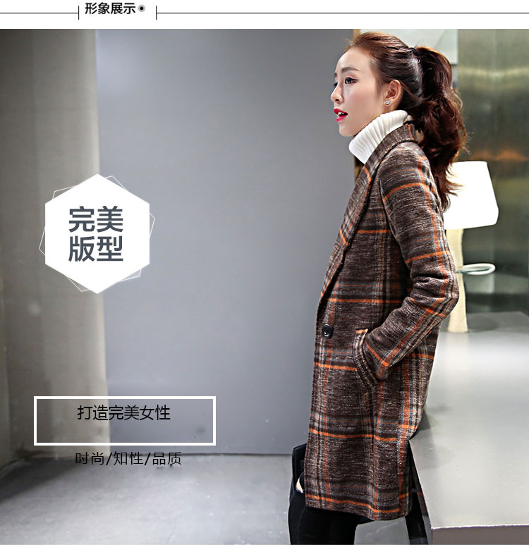 韩美媞 2015新款毛呢大衣女羊毛呢外套西装M027 黄格 M