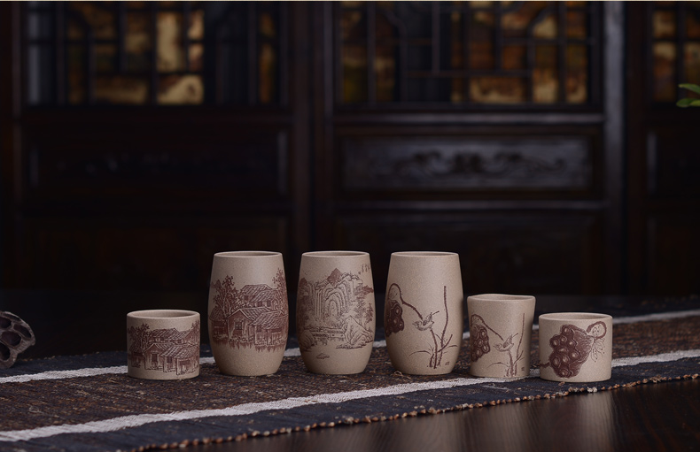 弘盛窑 全手工紫砂 茶杯 品茗杯 主人杯 功夫茶杯 手刻限量个人杯 青灰泥紫砂小杯 青灰泥莲蓬小号