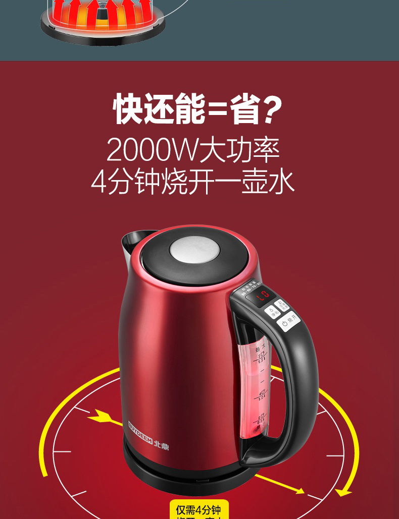 北鼎(BUYDEEM) 调温数码水煲K603 304不锈钢多彩1.7升 智能电水壶红色