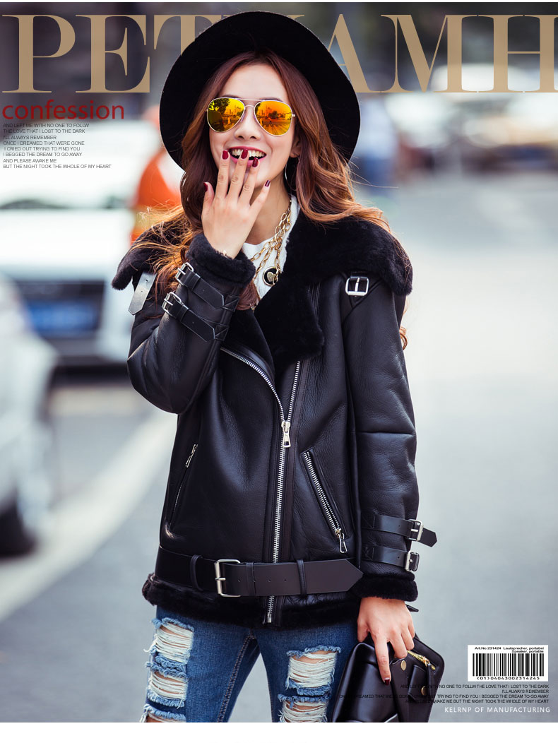 科伦普 欧洲站美利奴皮毛一体外套女2018冬装真皮皮衣夹克机车服女装